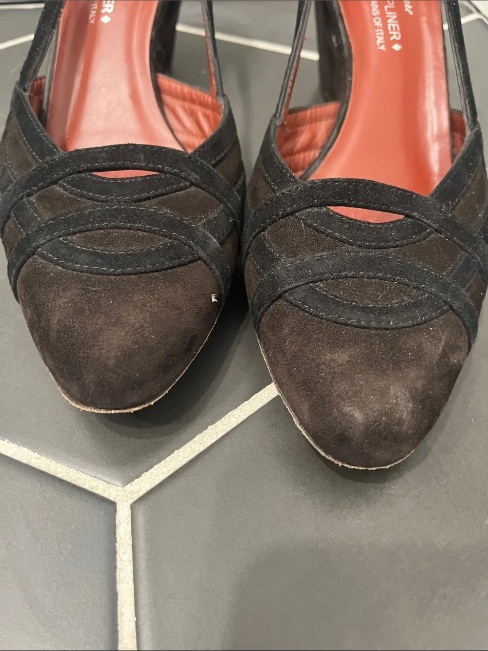 Couture Donald J. Pliner Black and Brown Suede Slingback Wedge Pumps